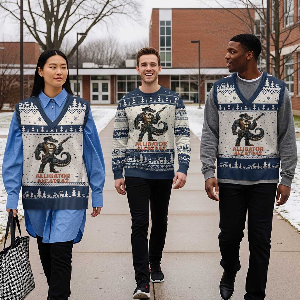 Alligator Alcatraz Gunslinger V-Neck Knit Sweater Vest Swamp Outlaw Satire Patriotic Rebel - Wonder Print Shop