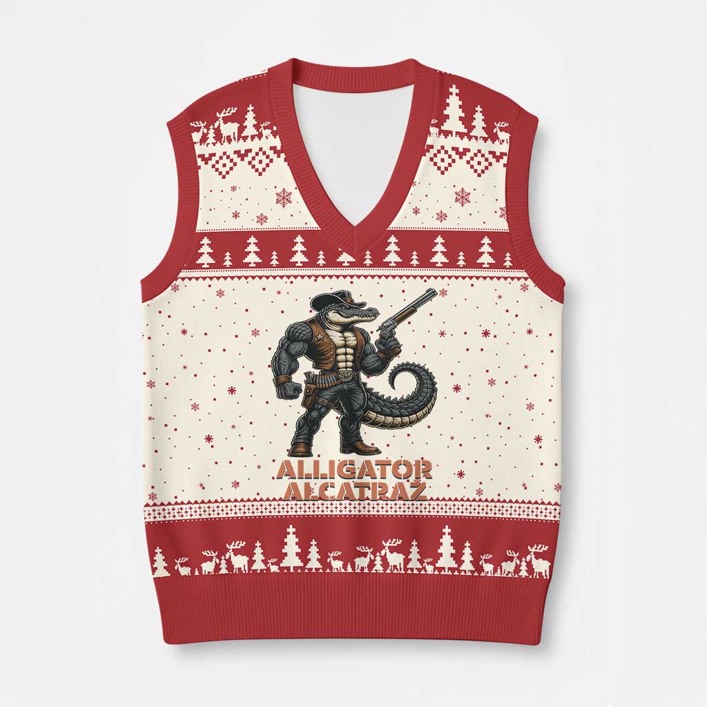 Alligator Alcatraz Gunslinger V-Neck Knit Sweater Vest Swamp Outlaw Satire Patriotic Rebel - Wonder Print Shop