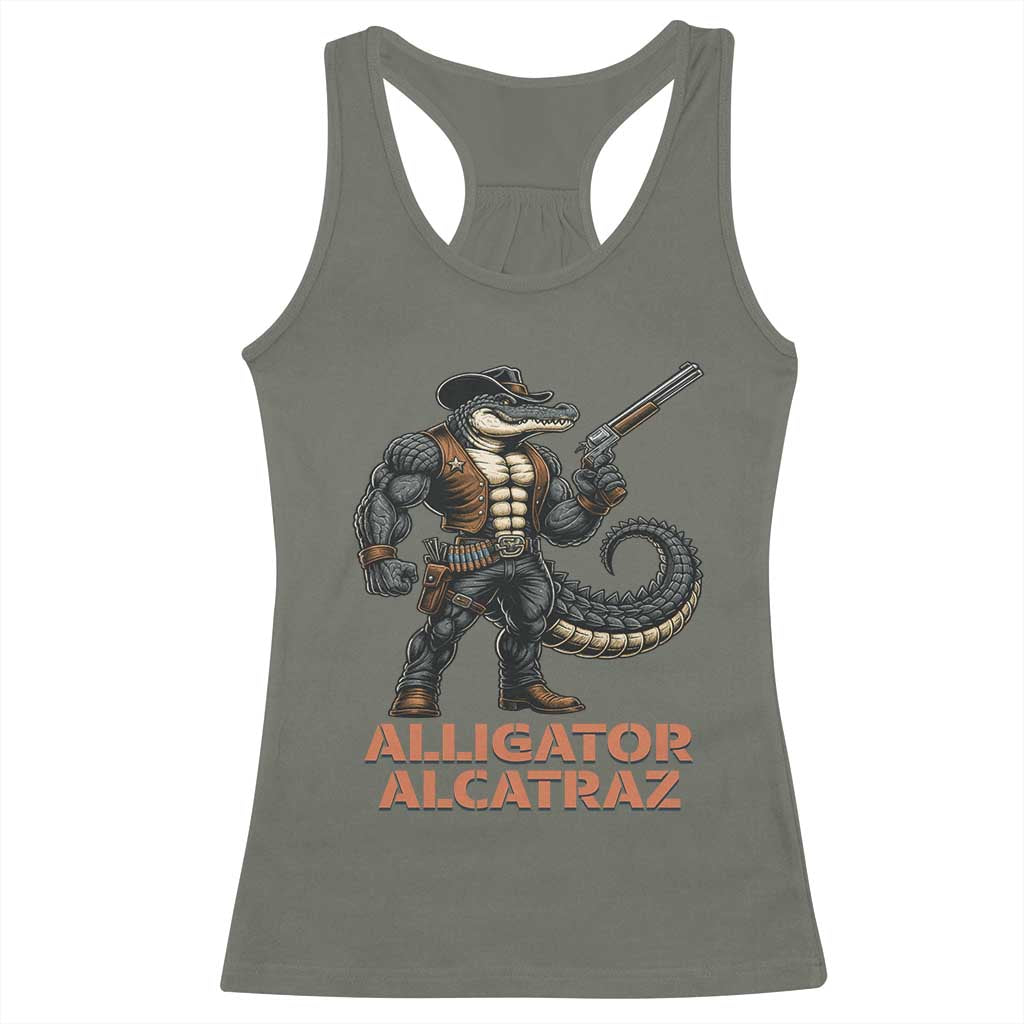 Alligator Alcatraz Gunslinger Racerback Tank Top Swamp Outlaw Satire Patriotic Rebel - Wonder Print Shop