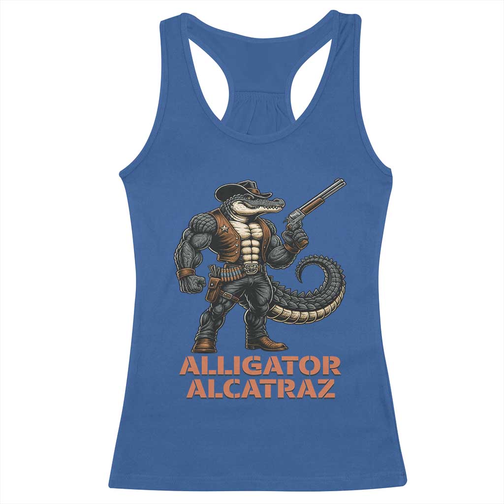 Alligator Alcatraz Gunslinger Racerback Tank Top Swamp Outlaw Satire Patriotic Rebel - Wonder Print Shop