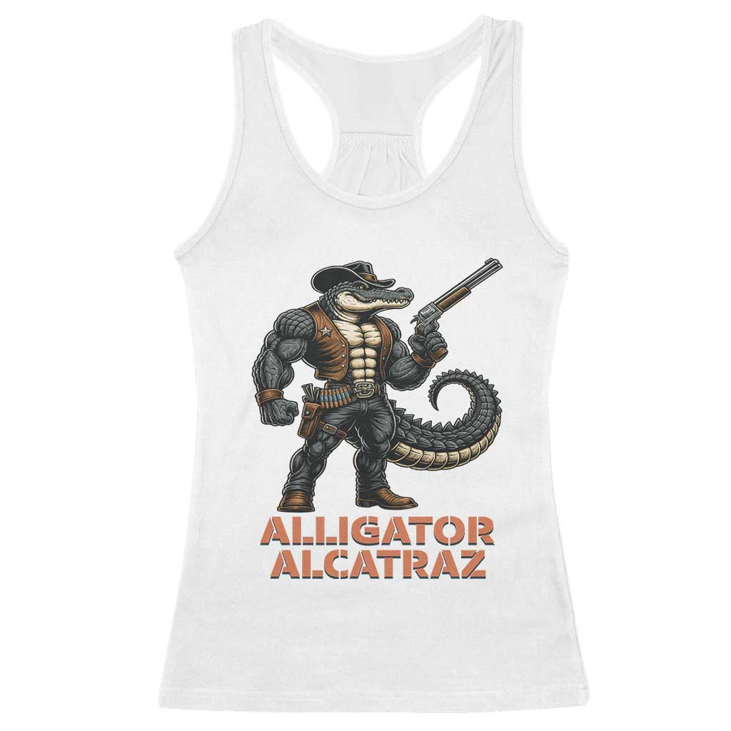 Alligator Alcatraz Gunslinger Racerback Tank Top Swamp Outlaw Satire Patriotic Rebel - Wonder Print Shop