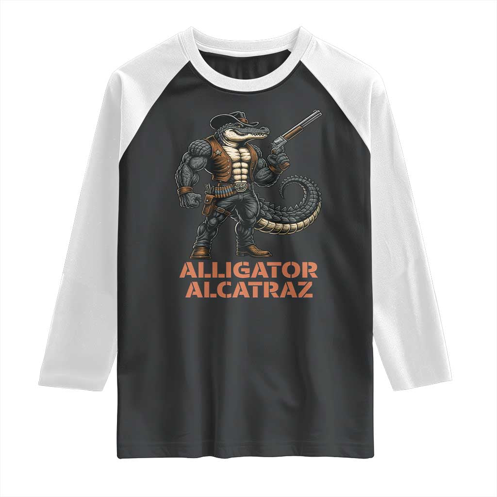 Alligator Alcatraz Gunslinger Raglan Shirt Swamp Outlaw Satire Patriotic Rebel - Wonder Print Shop