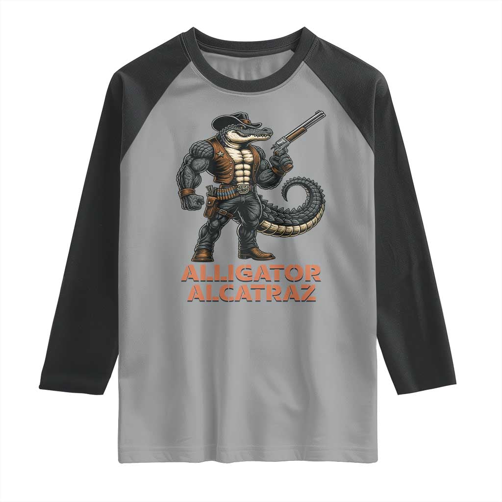 Alligator Alcatraz Gunslinger Raglan Shirt Swamp Outlaw Satire Patriotic Rebel - Wonder Print Shop
