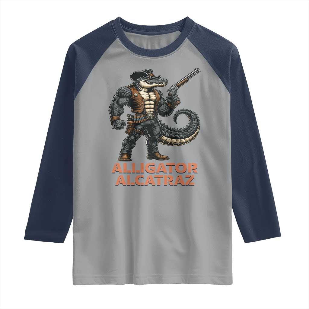 Alligator Alcatraz Gunslinger Raglan Shirt Swamp Outlaw Satire Patriotic Rebel - Wonder Print Shop