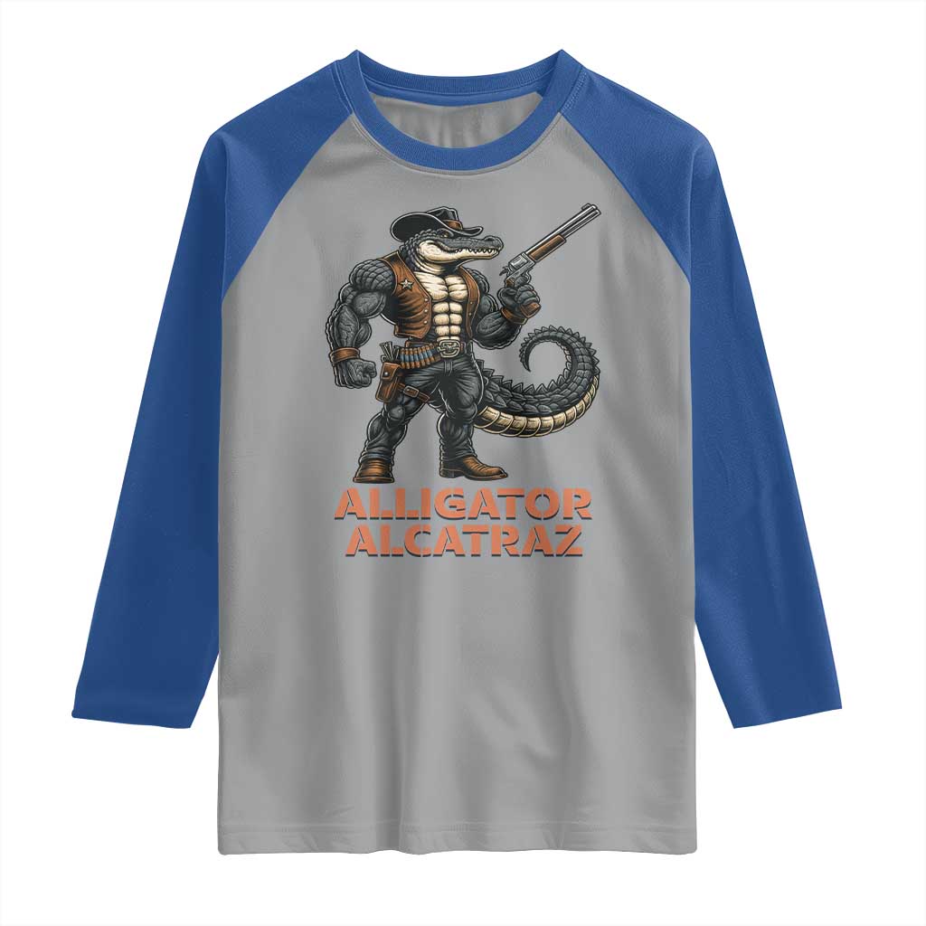Alligator Alcatraz Gunslinger Raglan Shirt Swamp Outlaw Satire Patriotic Rebel - Wonder Print Shop
