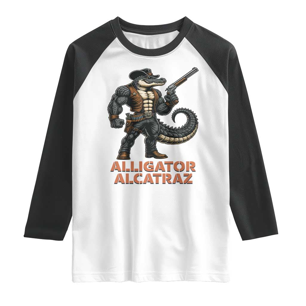 Alligator Alcatraz Gunslinger Raglan Shirt Swamp Outlaw Satire Patriotic Rebel - Wonder Print Shop