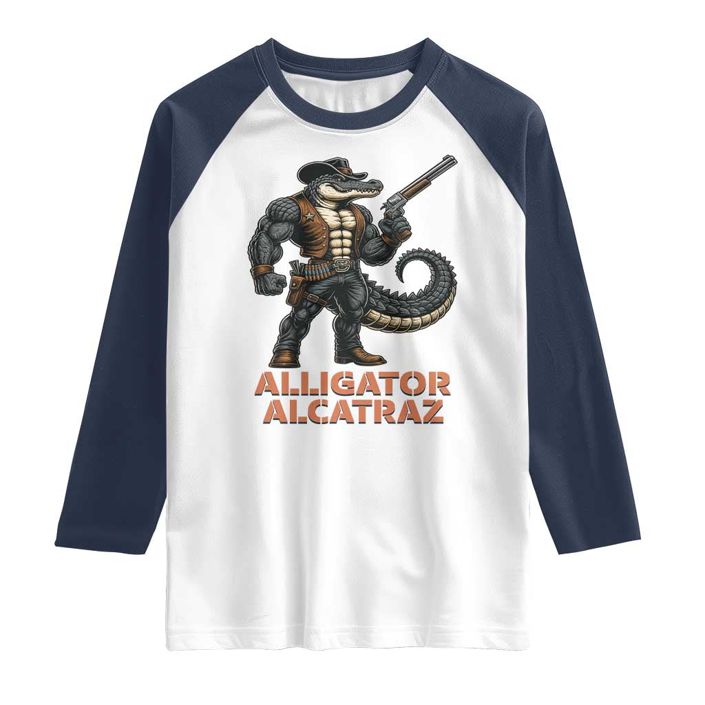 Alligator Alcatraz Gunslinger Raglan Shirt Swamp Outlaw Satire Patriotic Rebel - Wonder Print Shop