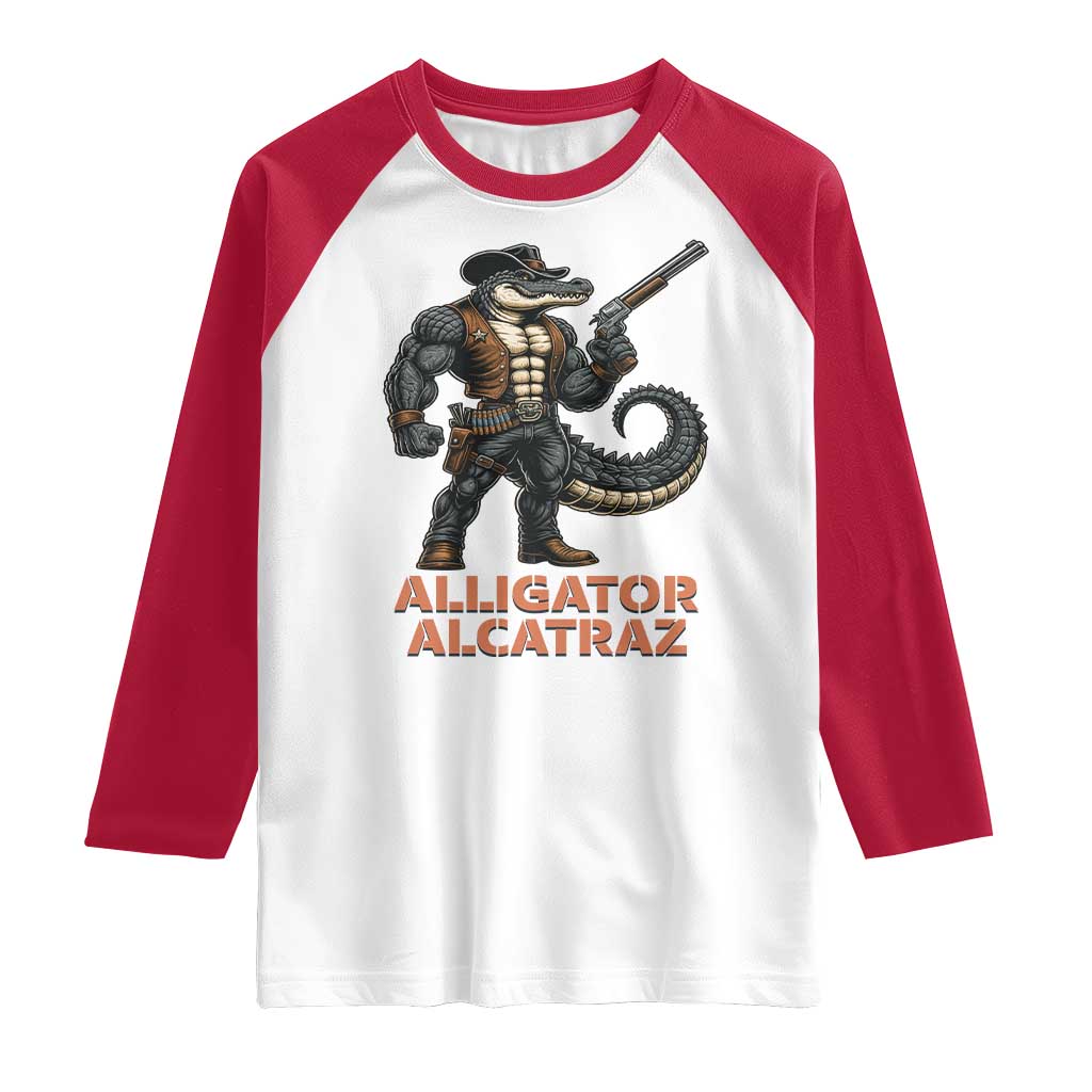 Alligator Alcatraz Gunslinger Raglan Shirt Swamp Outlaw Satire Patriotic Rebel - Wonder Print Shop