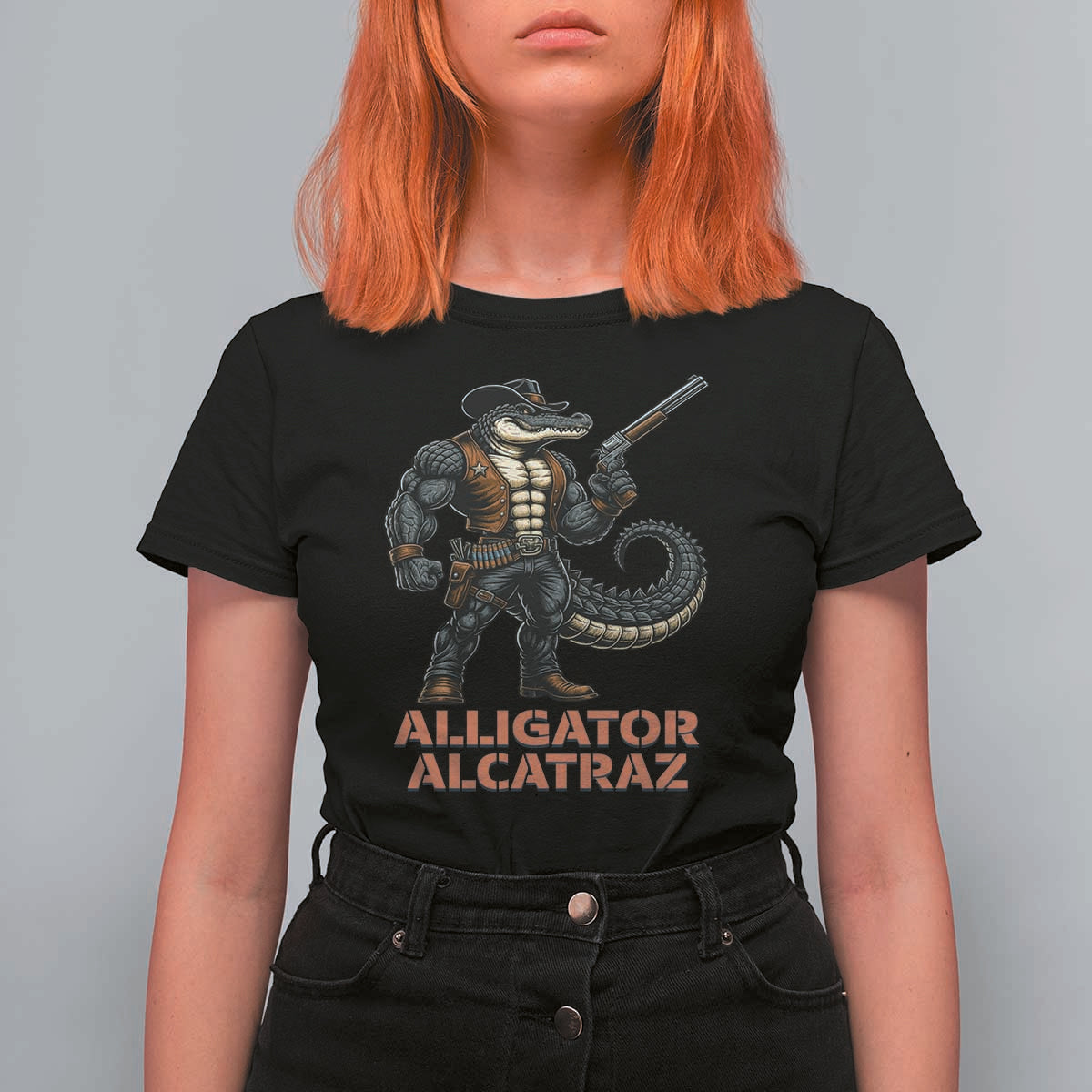Alligator Alcatraz Gunslinger T Shirt For Women Swamp Outlaw Satire Patriotic Rebel - Wonder Print Shop