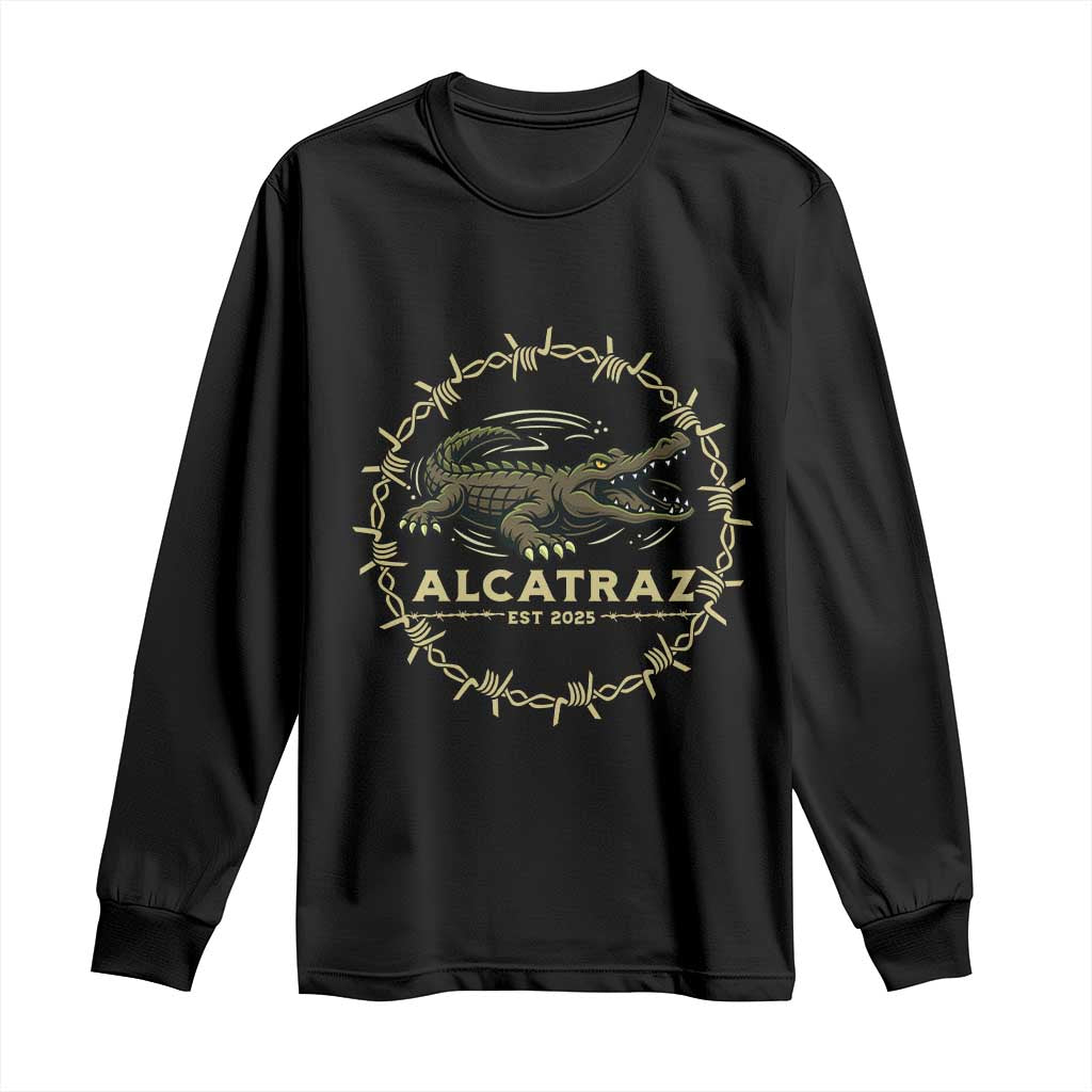 Alligator Alcatraz 2025 Long Sleeve Shirt Gator Lockdown Political Satire Barbed Wire Swamp Humor - Wonder Print Shop
