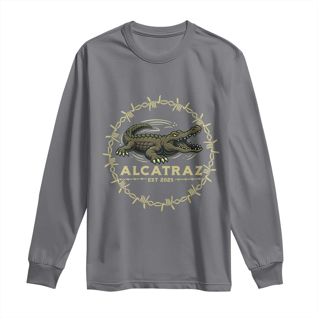Alligator Alcatraz 2025 Long Sleeve Shirt Gator Lockdown Political Satire Barbed Wire Swamp Humor - Wonder Print Shop