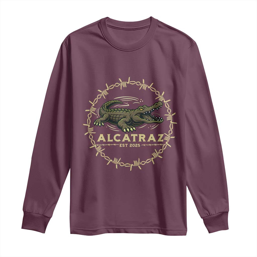 Alligator Alcatraz 2025 Long Sleeve Shirt Gator Lockdown Political Satire Barbed Wire Swamp Humor - Wonder Print Shop