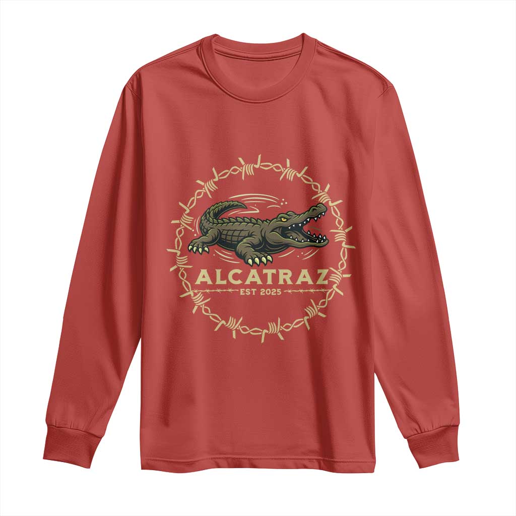 Alligator Alcatraz 2025 Long Sleeve Shirt Gator Lockdown Political Satire Barbed Wire Swamp Humor - Wonder Print Shop