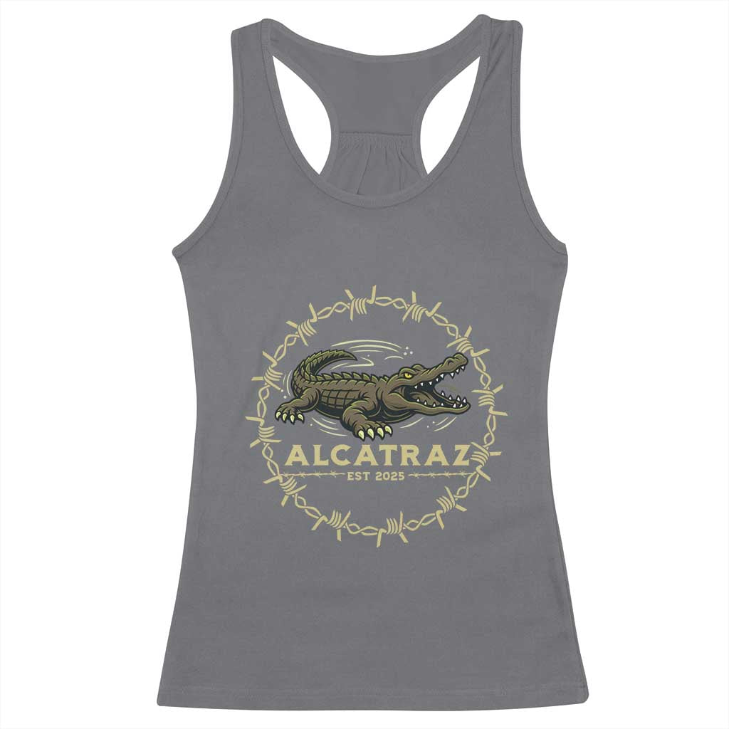 Alligator Alcatraz 2025 Racerback Tank Top Gator Lockdown Political Satire Barbed Wire Swamp Humor - Wonder Print Shop