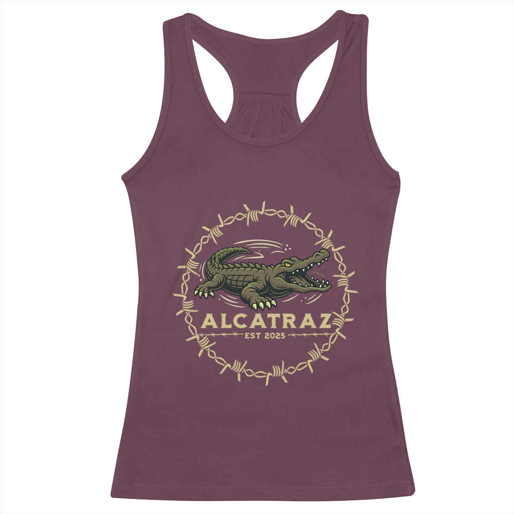 Alligator Alcatraz 2025 Racerback Tank Top Gator Lockdown Political Satire Barbed Wire Swamp Humor - Wonder Print Shop