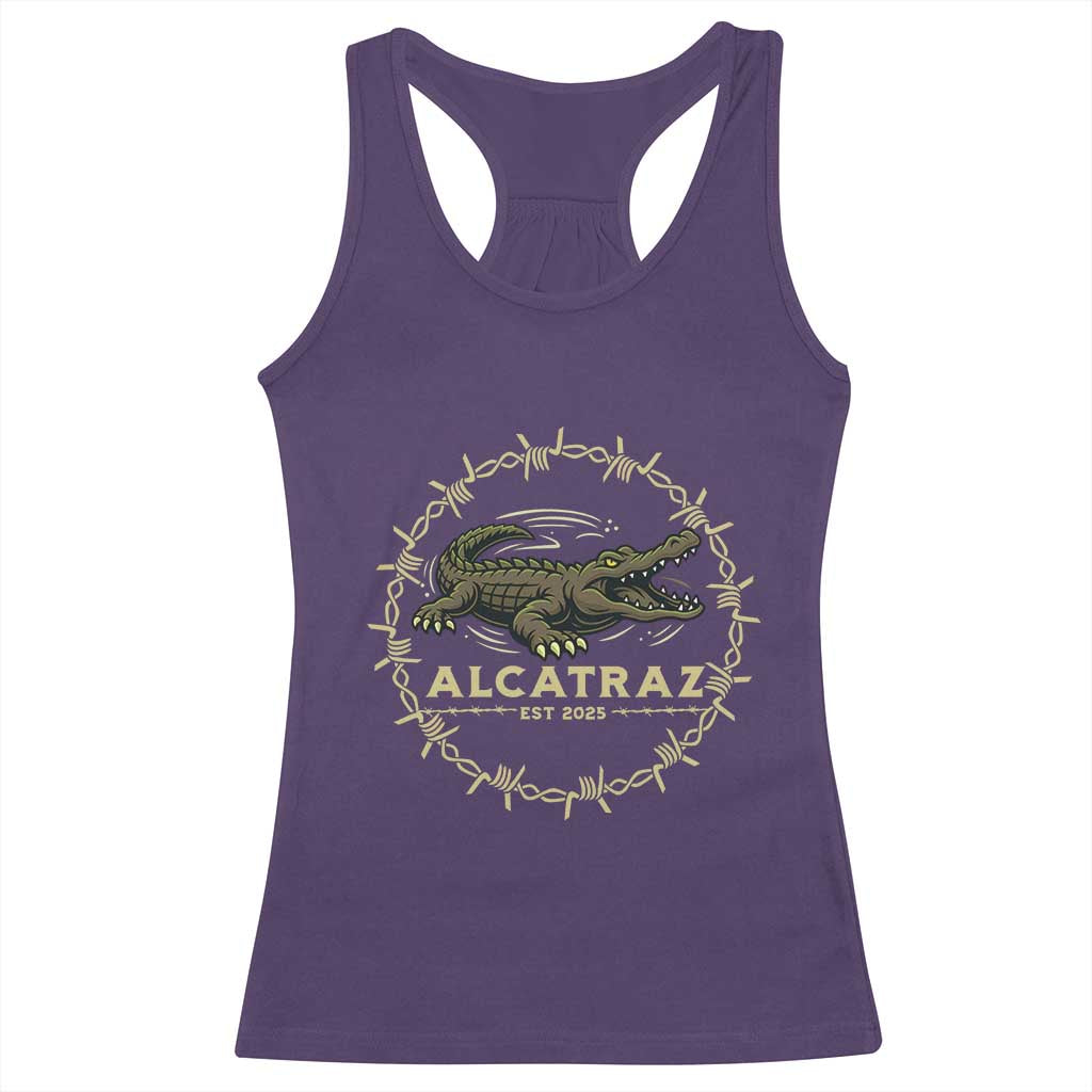 Alligator Alcatraz 2025 Racerback Tank Top Gator Lockdown Political Satire Barbed Wire Swamp Humor - Wonder Print Shop