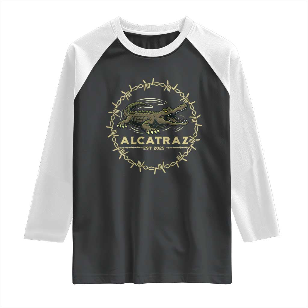 Alligator Alcatraz 2025 Raglan Shirt Gator Lockdown Political Satire Barbed Wire Swamp Humor - Wonder Print Shop