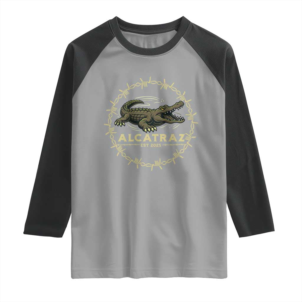 Alligator Alcatraz 2025 Raglan Shirt Gator Lockdown Political Satire Barbed Wire Swamp Humor - Wonder Print Shop