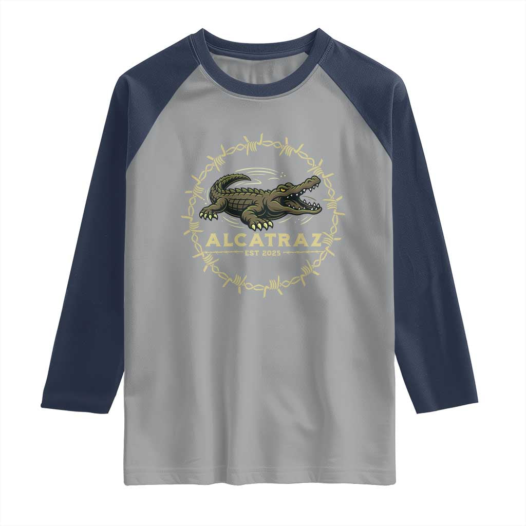 Alligator Alcatraz 2025 Raglan Shirt Gator Lockdown Political Satire Barbed Wire Swamp Humor - Wonder Print Shop