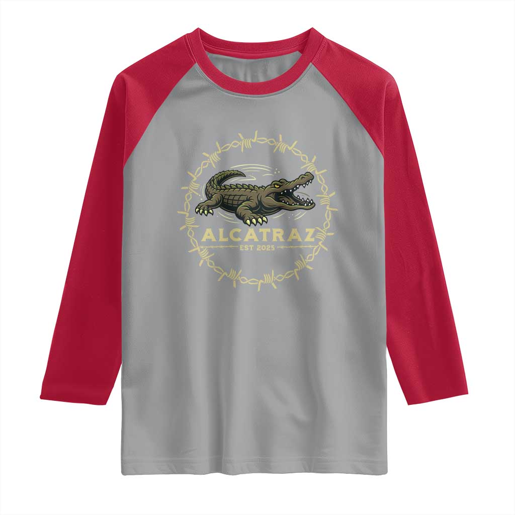 Alligator Alcatraz 2025 Raglan Shirt Gator Lockdown Political Satire Barbed Wire Swamp Humor - Wonder Print Shop
