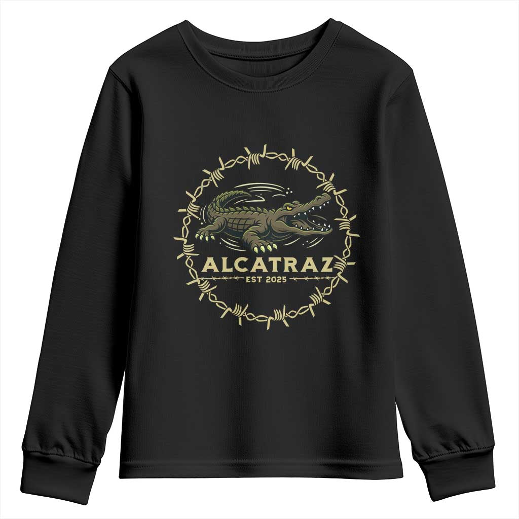 Alligator Alcatraz 2025 Youth Sweatshirt Gator Lockdown Political Satire Barbed Wire Swamp Humor - Wonder Print Shop