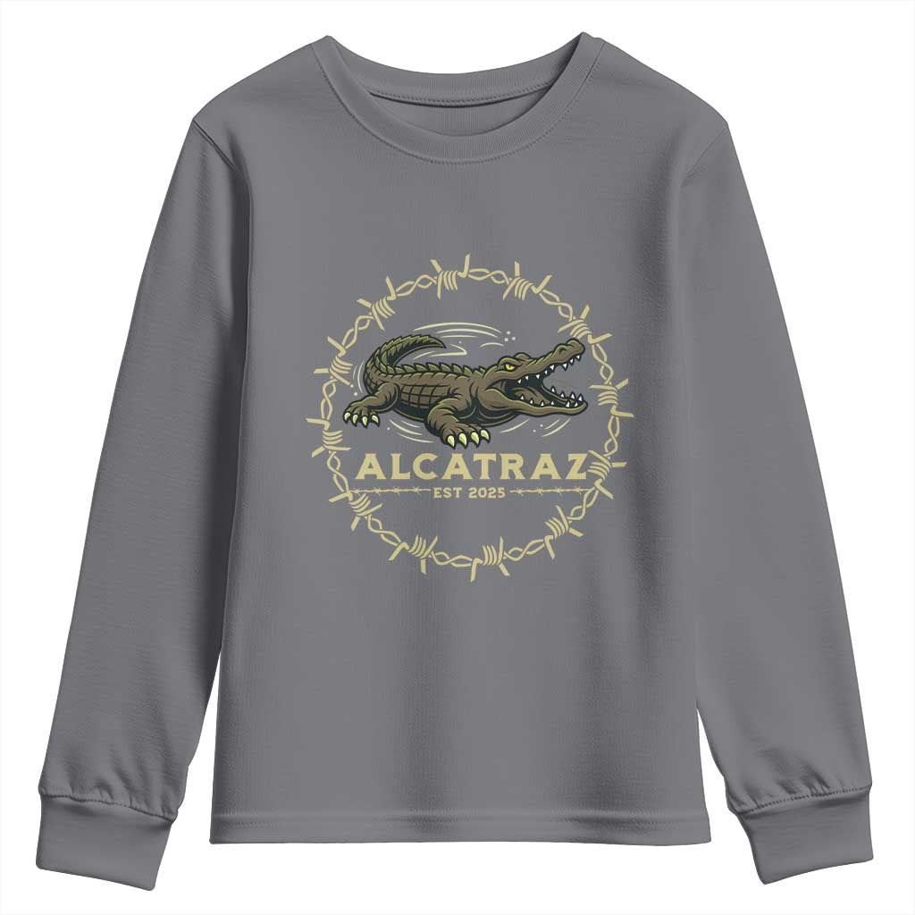Alligator Alcatraz 2025 Youth Sweatshirt Gator Lockdown Political Satire Barbed Wire Swamp Humor - Wonder Print Shop