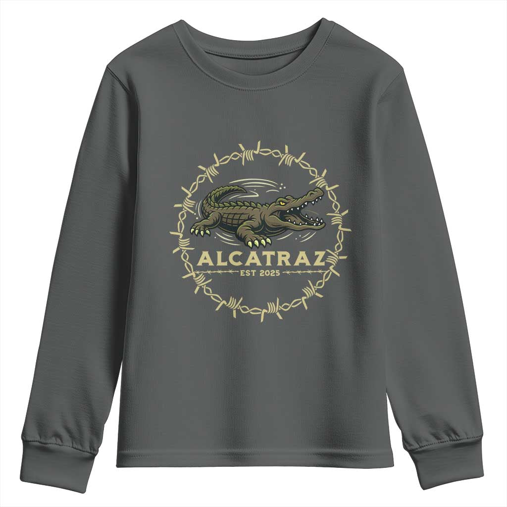 Alligator Alcatraz 2025 Youth Sweatshirt Gator Lockdown Political Satire Barbed Wire Swamp Humor - Wonder Print Shop