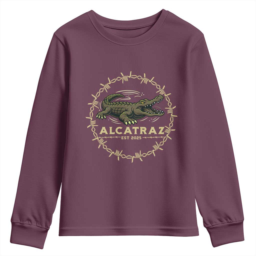 Alligator Alcatraz 2025 Youth Sweatshirt Gator Lockdown Political Satire Barbed Wire Swamp Humor - Wonder Print Shop