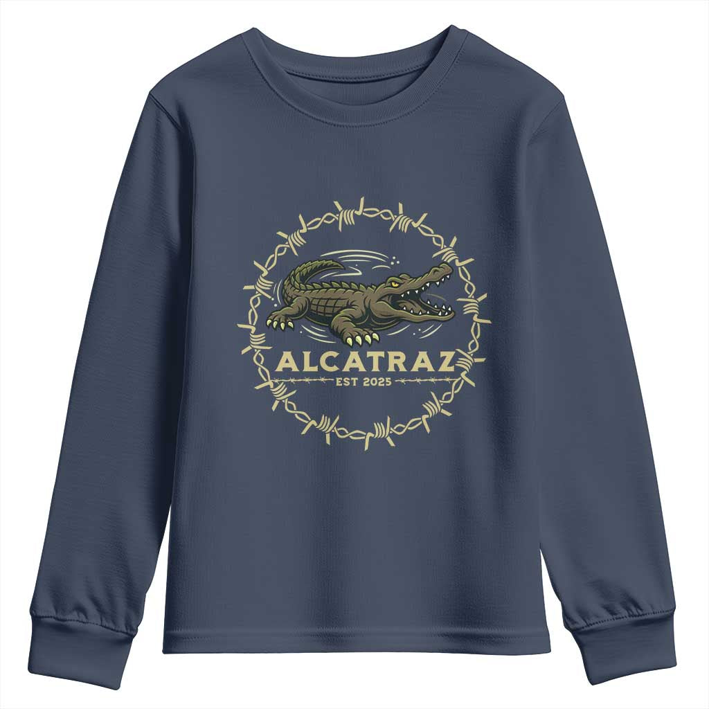 Alligator Alcatraz 2025 Youth Sweatshirt Gator Lockdown Political Satire Barbed Wire Swamp Humor - Wonder Print Shop