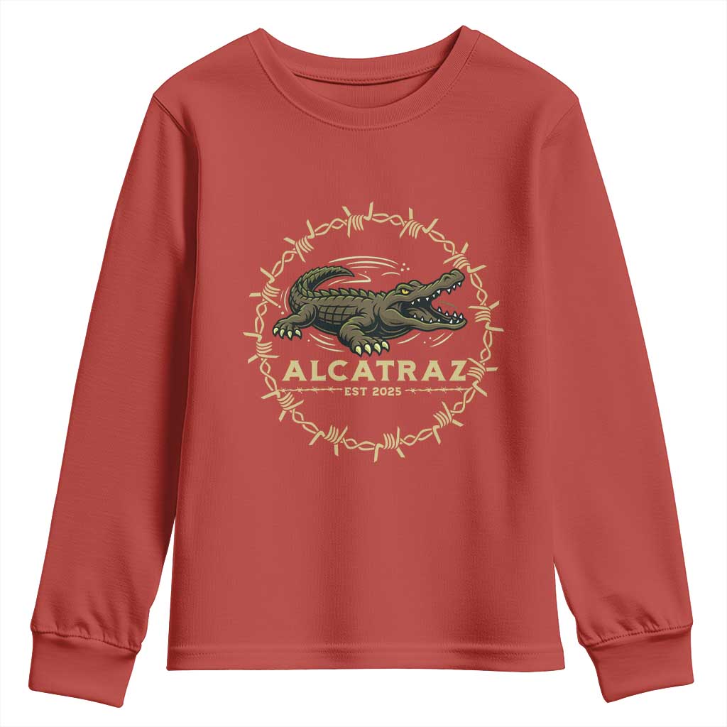 Alligator Alcatraz 2025 Youth Sweatshirt Gator Lockdown Political Satire Barbed Wire Swamp Humor - Wonder Print Shop