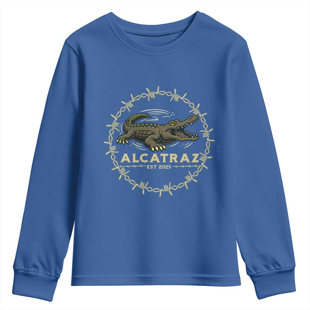 Alligator Alcatraz 2025 Youth Sweatshirt Gator Lockdown Political Satire Barbed Wire Swamp Humor - Wonder Print Shop