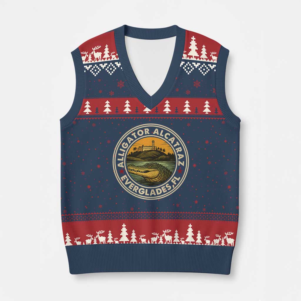 Alligator Alcatraz Everglades Florida V-Neck Knit Sweater Vest Vintage Political Satire Retro - Wonder Print Shop
