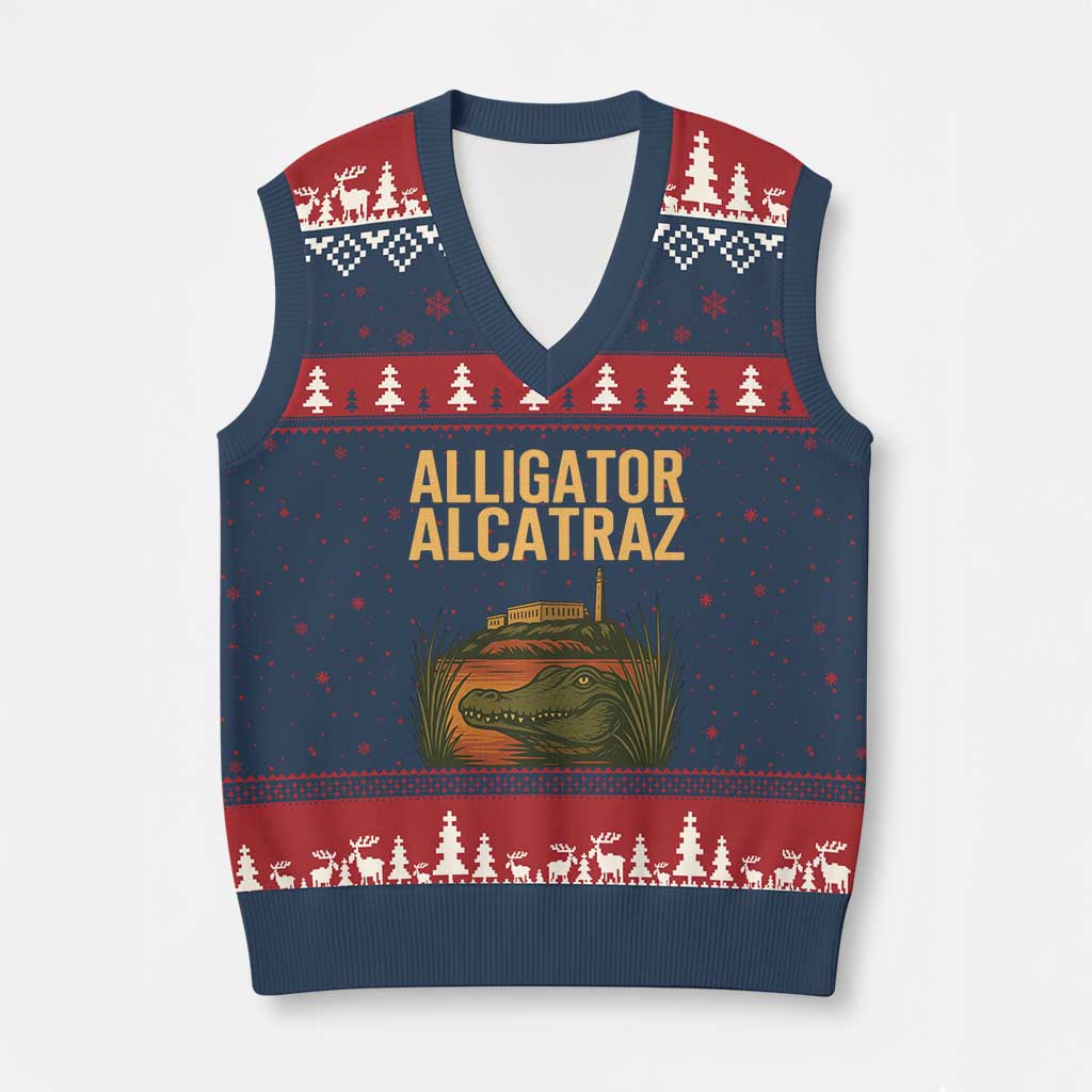 Alligator Alcatraz Florida V-Neck Knit Sweater Vest Political Swamp Prison Dark Humor - Wonder Print Shop