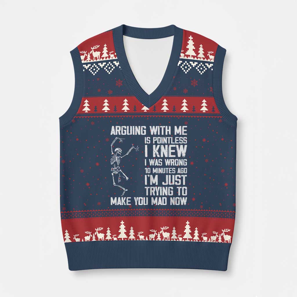 Funny Skeleton Sarcastic V-Neck Knit Sweater Vest Arguing With Me Is Pointless Smartmouths - Wonder Print Shop