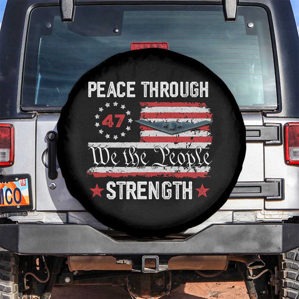 Peace Through Strength Spare Tire Cover Patriotic Midnight Hammer Jet American Flag - Wonder Print Shop