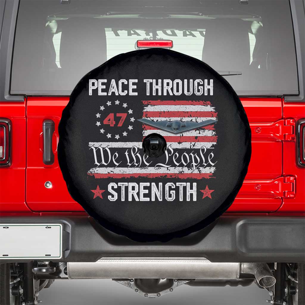 Peace Through Strength Spare Tire Cover Patriotic Midnight Hammer Jet American Flag - Wonder Print Shop