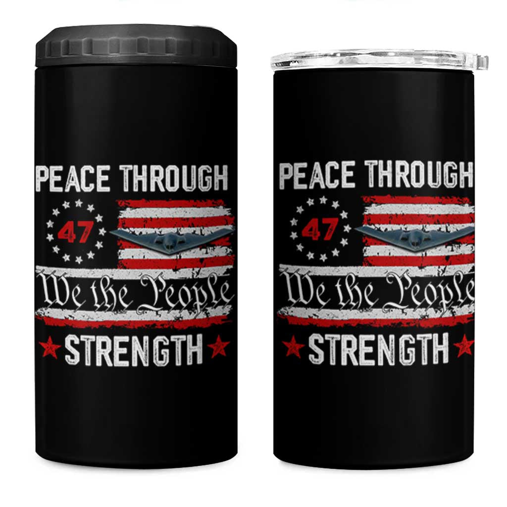 Peace Through Strength 4 in 1 Can Cooler Tumbler Patriotic Midnight Hammer Jet American Flag - Wonder Print Shop