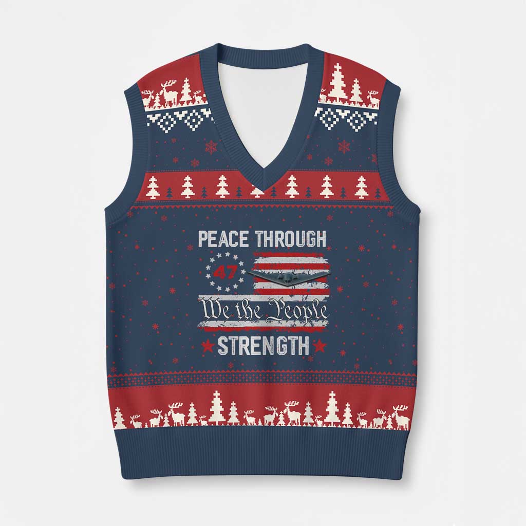 Peace Through Strength V-Neck Knit Sweater Vest Patriotic Midnight Hammer Jet American Flag - Wonder Print Shop
