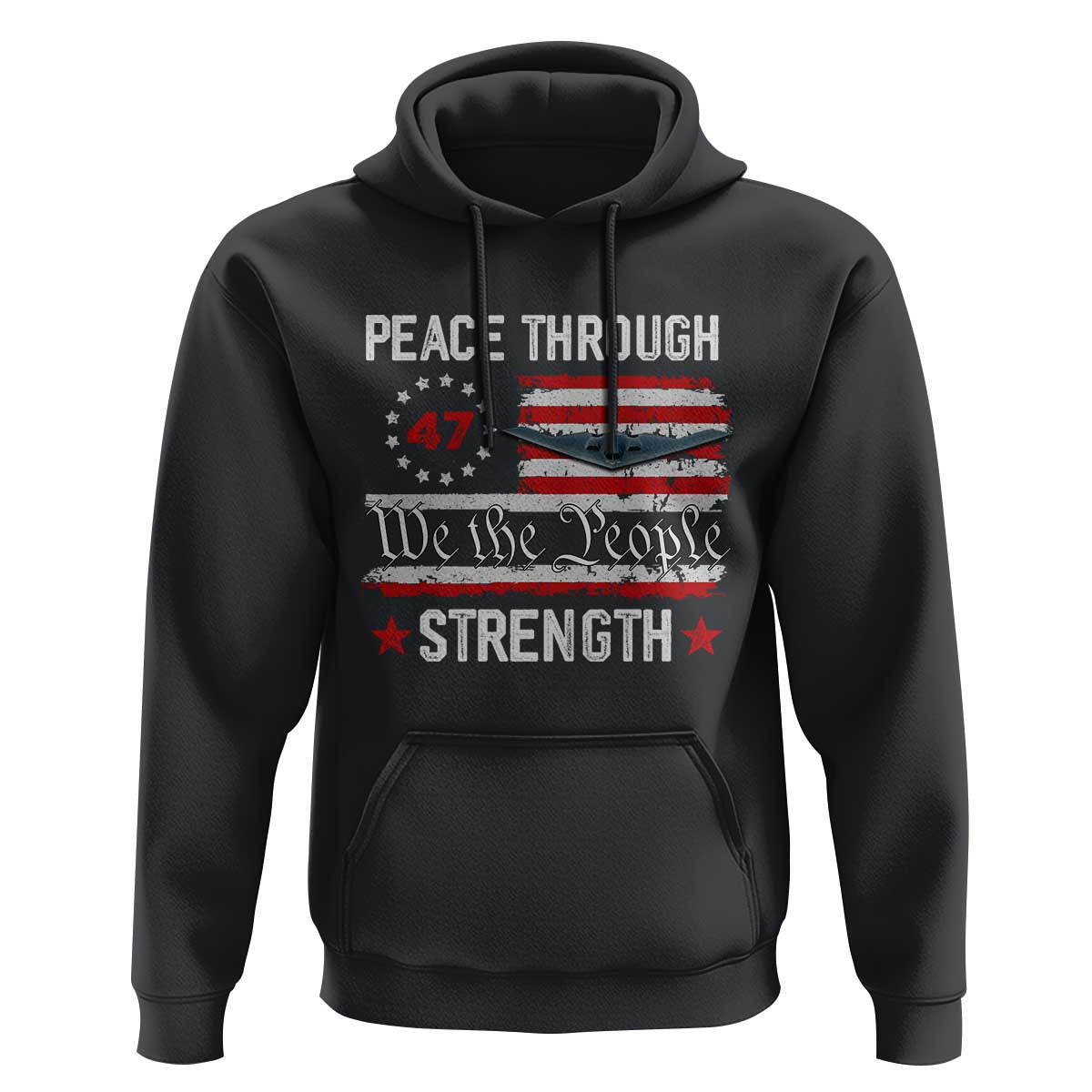 Peace Through Strength Hoodie Patriotic Midnight Hammer Jet American Flag - Wonder Print Shop