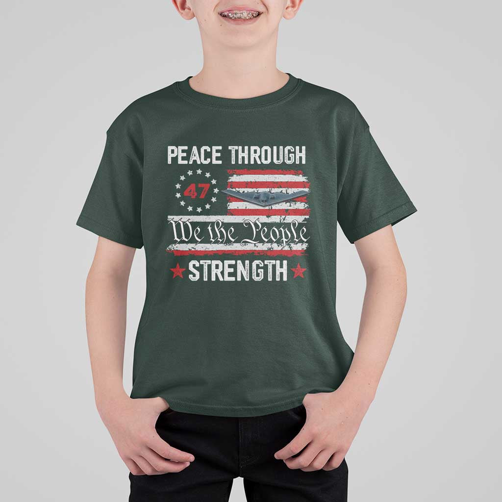 Peace Through Strength T Shirt For Kid Patriotic Midnight Hammer Jet American Flag - Wonder Print Shop