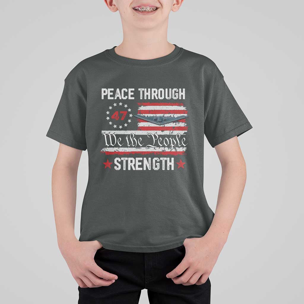 Peace Through Strength T Shirt For Kid Patriotic Midnight Hammer Jet American Flag - Wonder Print Shop