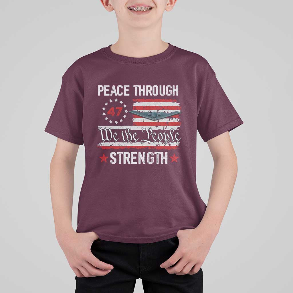Peace Through Strength T Shirt For Kid Patriotic Midnight Hammer Jet American Flag - Wonder Print Shop