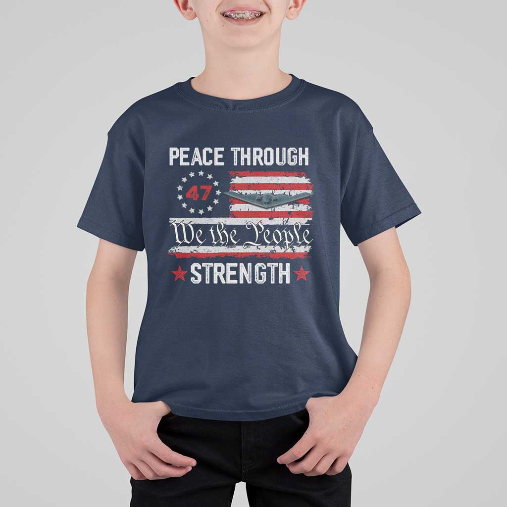 Peace Through Strength T Shirt For Kid Patriotic Midnight Hammer Jet American Flag - Wonder Print Shop