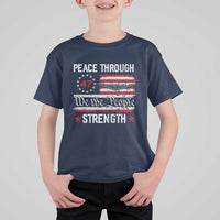 Peace Through Strength T Shirt For Kid Patriotic Midnight Hammer Jet American Flag - Wonder Print Shop