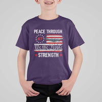 Peace Through Strength T Shirt For Kid Patriotic Midnight Hammer Jet American Flag - Wonder Print Shop