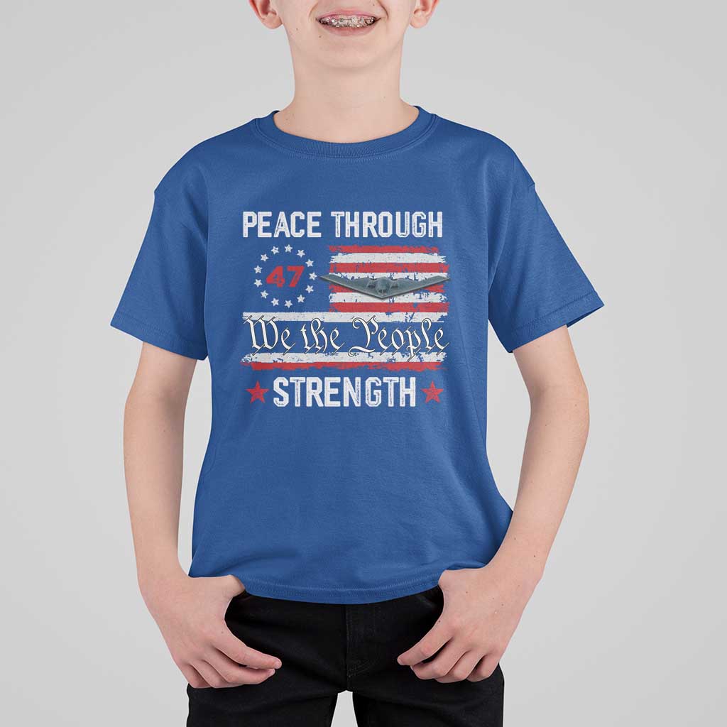 Peace Through Strength T Shirt For Kid Patriotic Midnight Hammer Jet American Flag - Wonder Print Shop