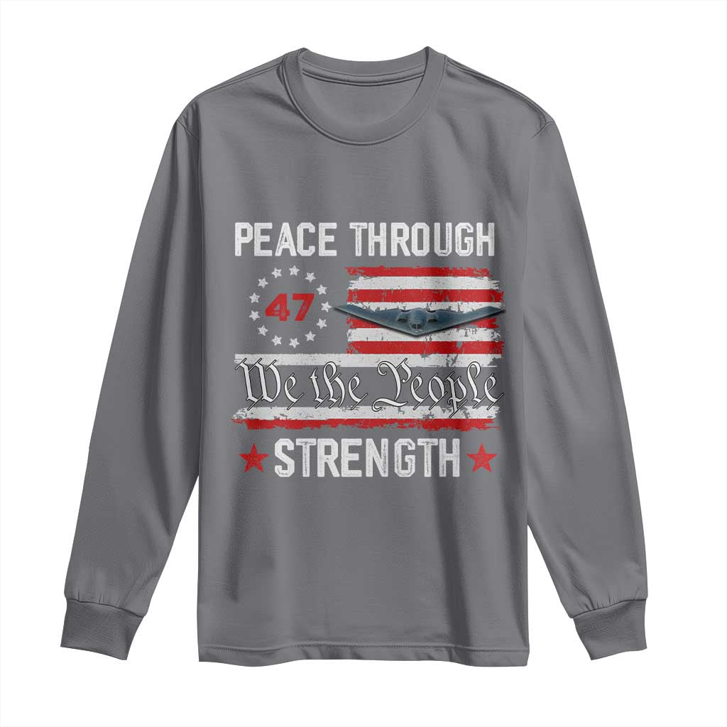 Peace Through Strength Long Sleeve Shirt Patriotic Midnight Hammer Jet American Flag - Wonder Print Shop