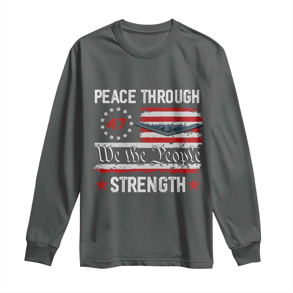 Peace Through Strength Long Sleeve Shirt Patriotic Midnight Hammer Jet American Flag - Wonder Print Shop