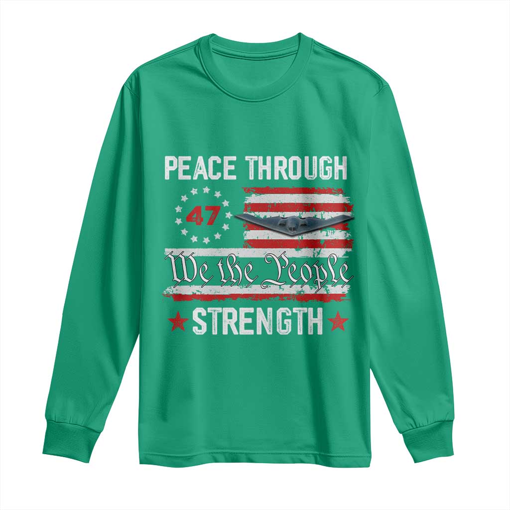 Peace Through Strength Long Sleeve Shirt Patriotic Midnight Hammer Jet American Flag - Wonder Print Shop