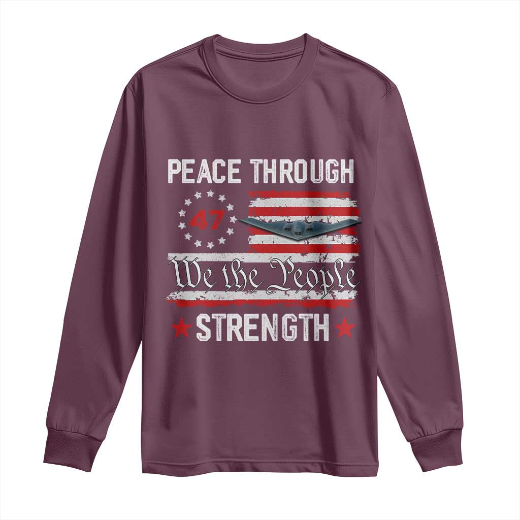 Peace Through Strength Long Sleeve Shirt Patriotic Midnight Hammer Jet American Flag - Wonder Print Shop